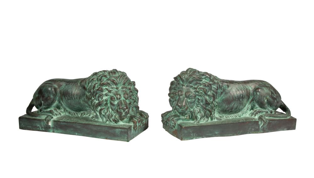 PATINATED BRONZE RECUMBENT LIONS,