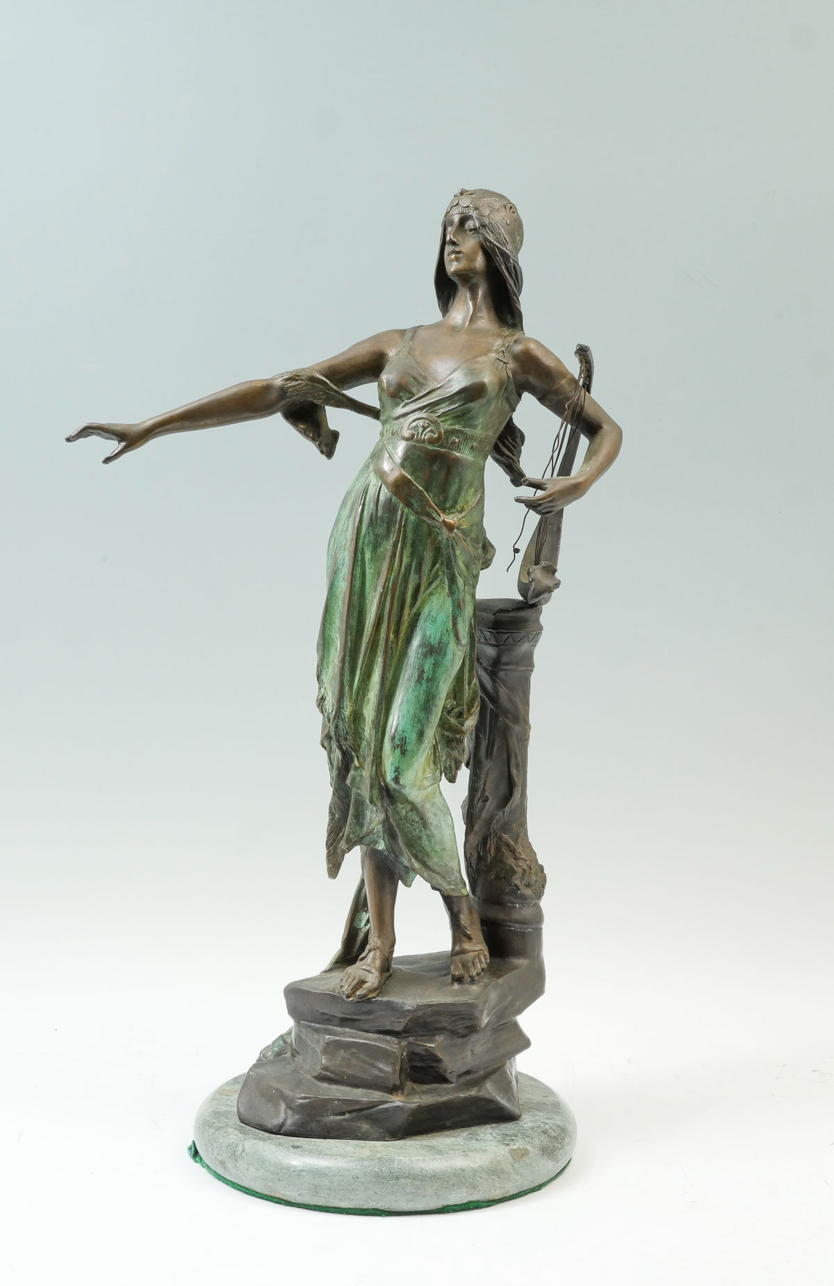 PATINATED BRONZE WOMAN WITH HARP