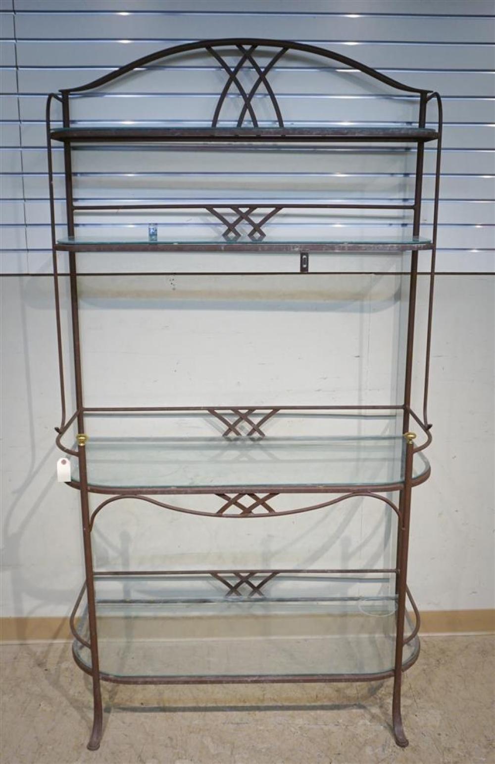 PATINATED METAL GLASS SHELF BAKER'S