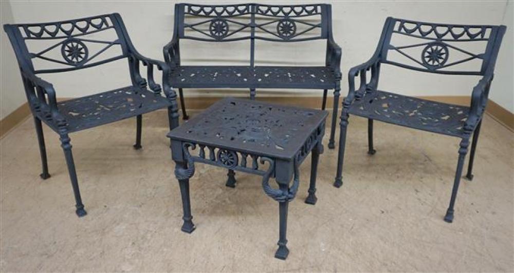PATINATED METAL SETTEE, TWO