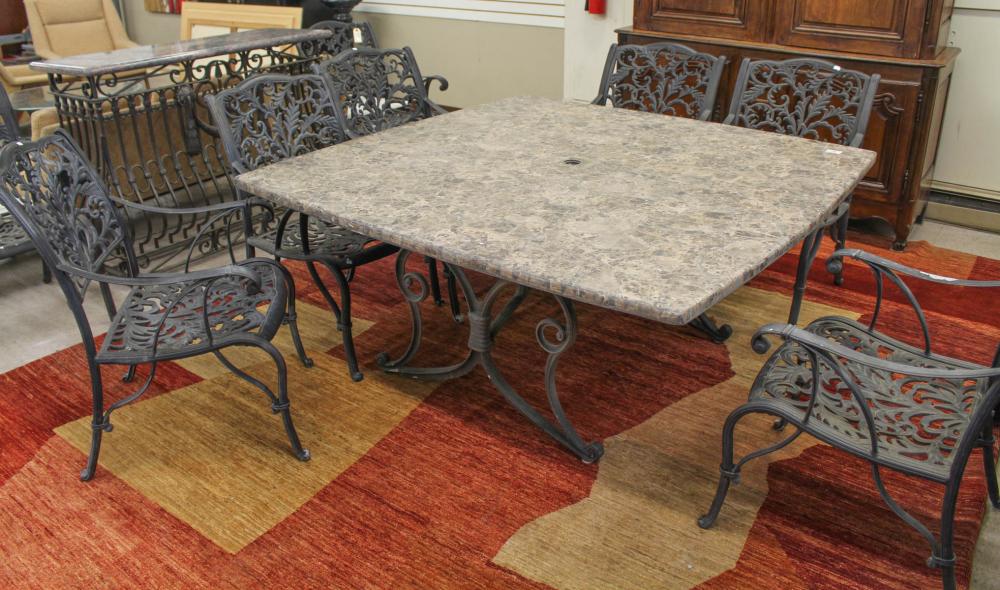 PATIO TABLE AND EIGHT CHAIRS