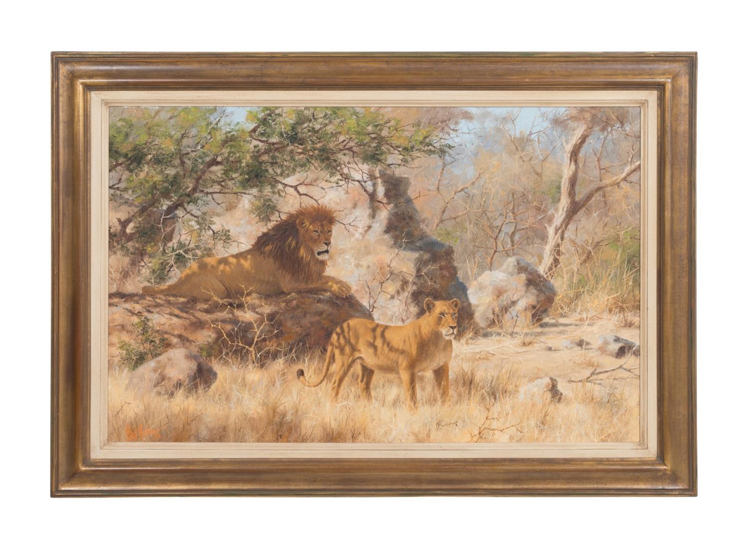 PAUL ROSE, "PAIR OF LIONS" OIL ON