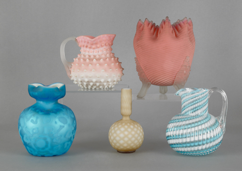 Peach blow hobnail pitcher together