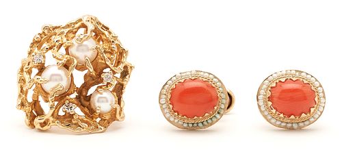 PEARL AND DIAMOND NUGGET BROOCH