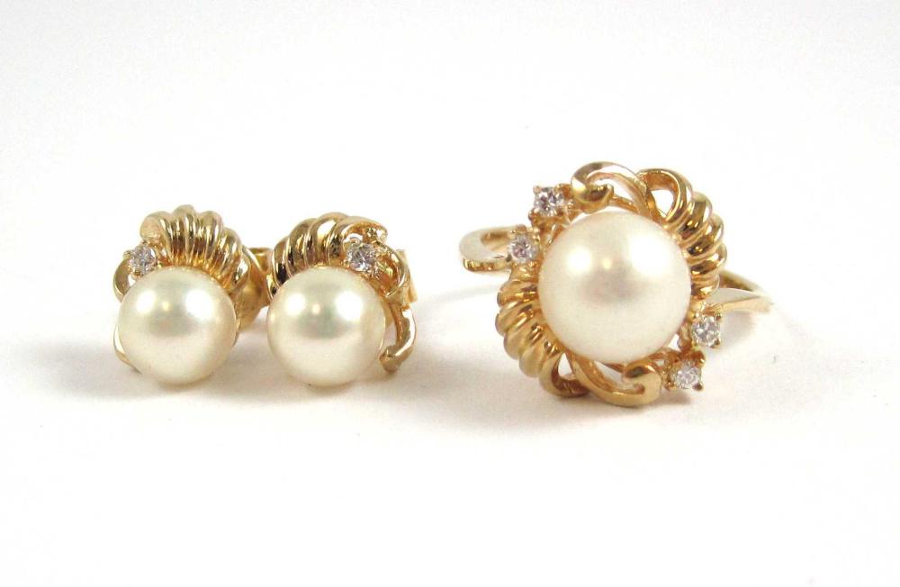 PEARL AND DIAMOND RING AND EAR STUD