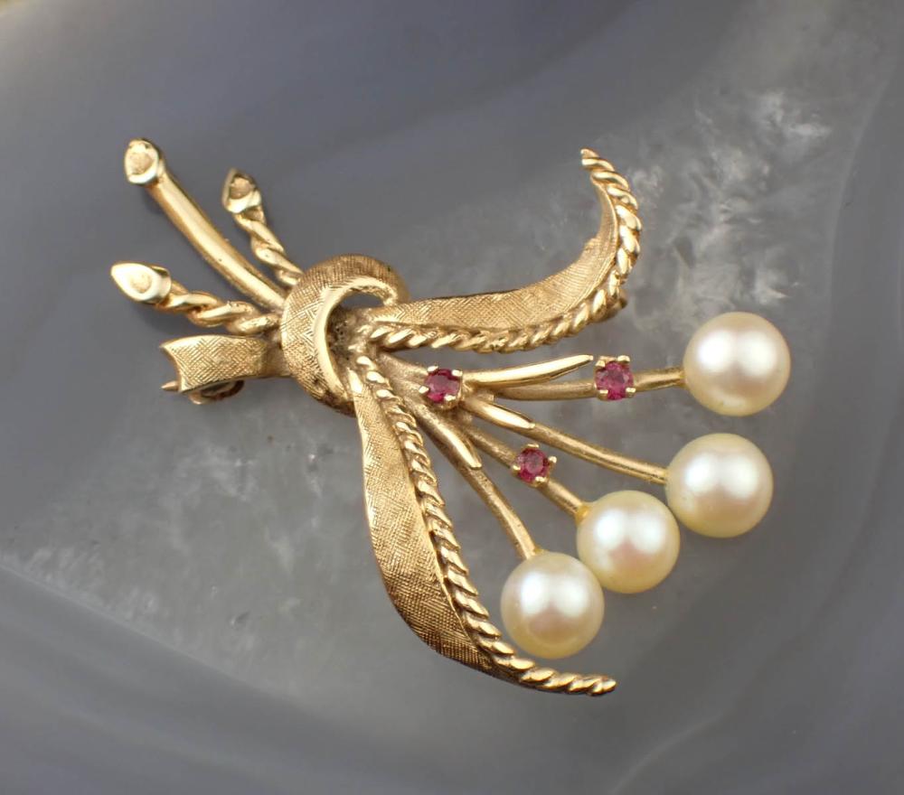 PEARL, RUBY AND FOURTEEN KARAT GOLD