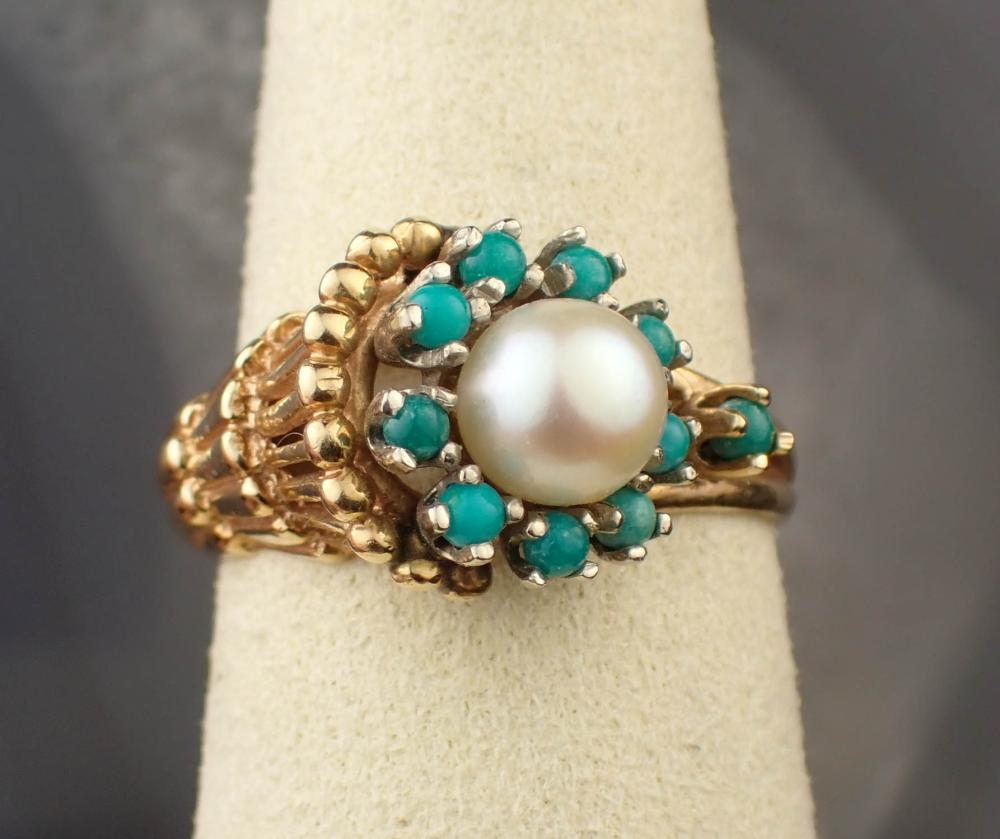 PEARL, TURQUOISE AND FOURTEEN KARAT