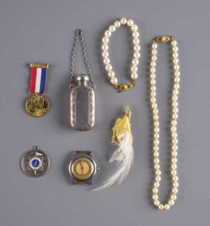 PEARLS, PERFUME BOTTLE, WATCHES &