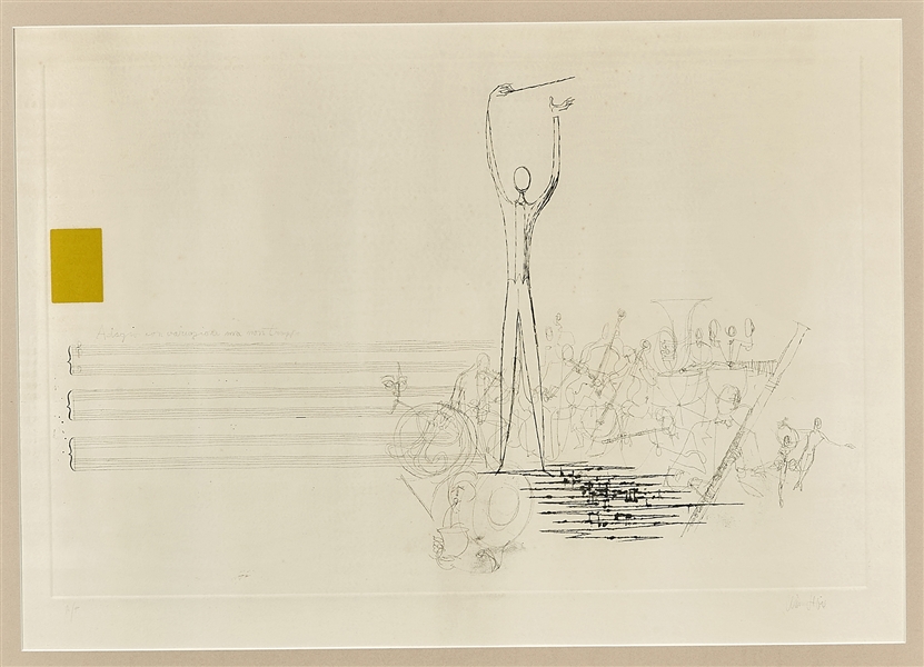 Pen and ink drawing of an orchestra