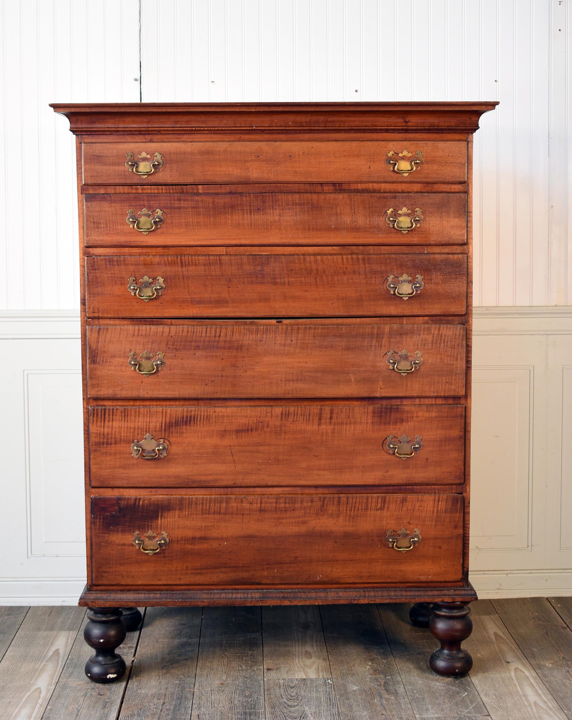 PERIOD TIGER MAPLE TALL CHEST. 18th