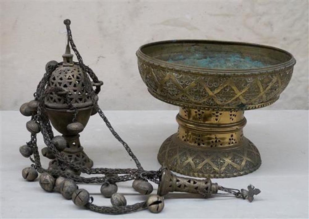 PERSIAN BRASS FOOTED BOWL AND AN