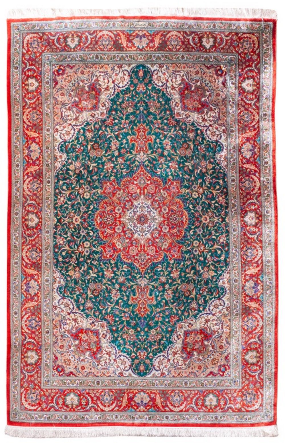 PERSIAN GHOUM SILK SIGNED RUG, 4' X