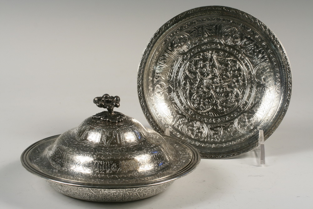 PERSIAN SILVER COVERED BOWL & PLATE