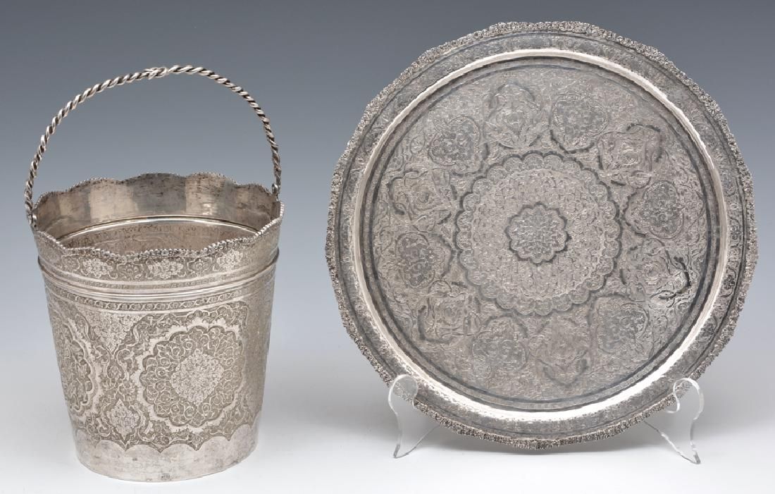 PERSIAN SILVER TRAY & ICE BUCKET.