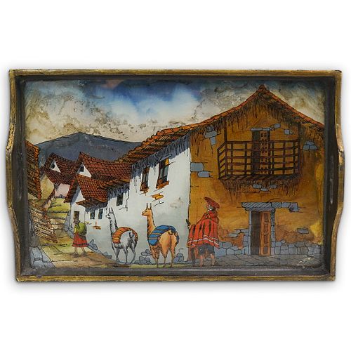 PERUVIAN HAND PAINTED GLASS WOOD