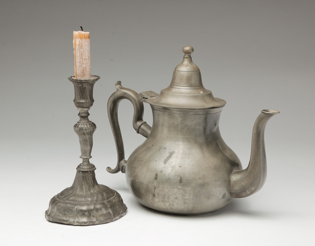 PEWTER CANDLESTICK AND TEAPOT. An