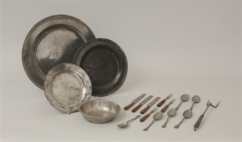 PEWTER CHARGER TWO PLATES AND A