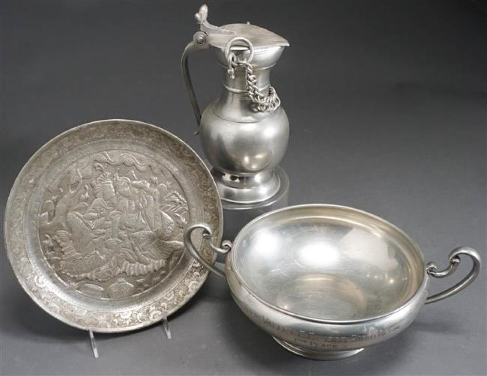 PEWTER COVERED PITCHER, TWO