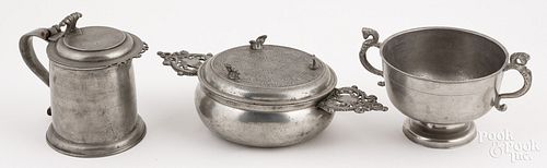 PEWTER LIDDED PORRINGER, 18TH