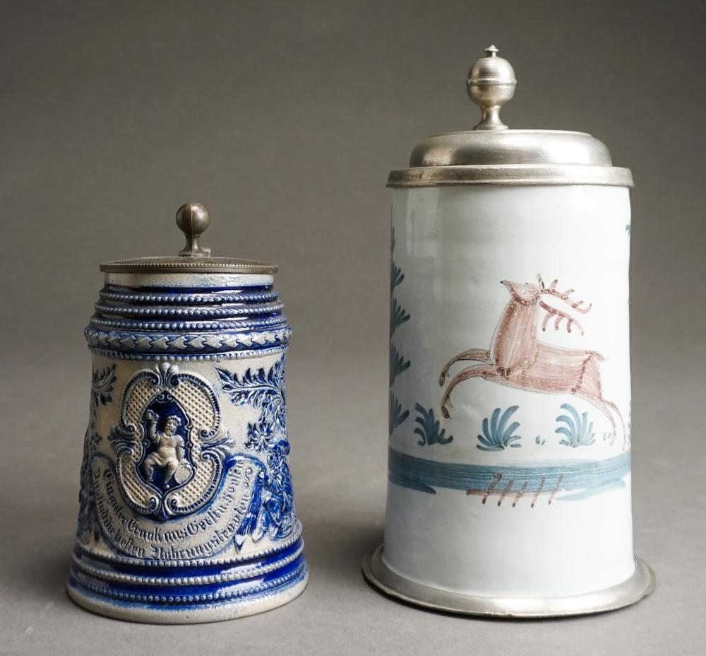 PEWTER MOUNTED FAIENCE STEIN AND