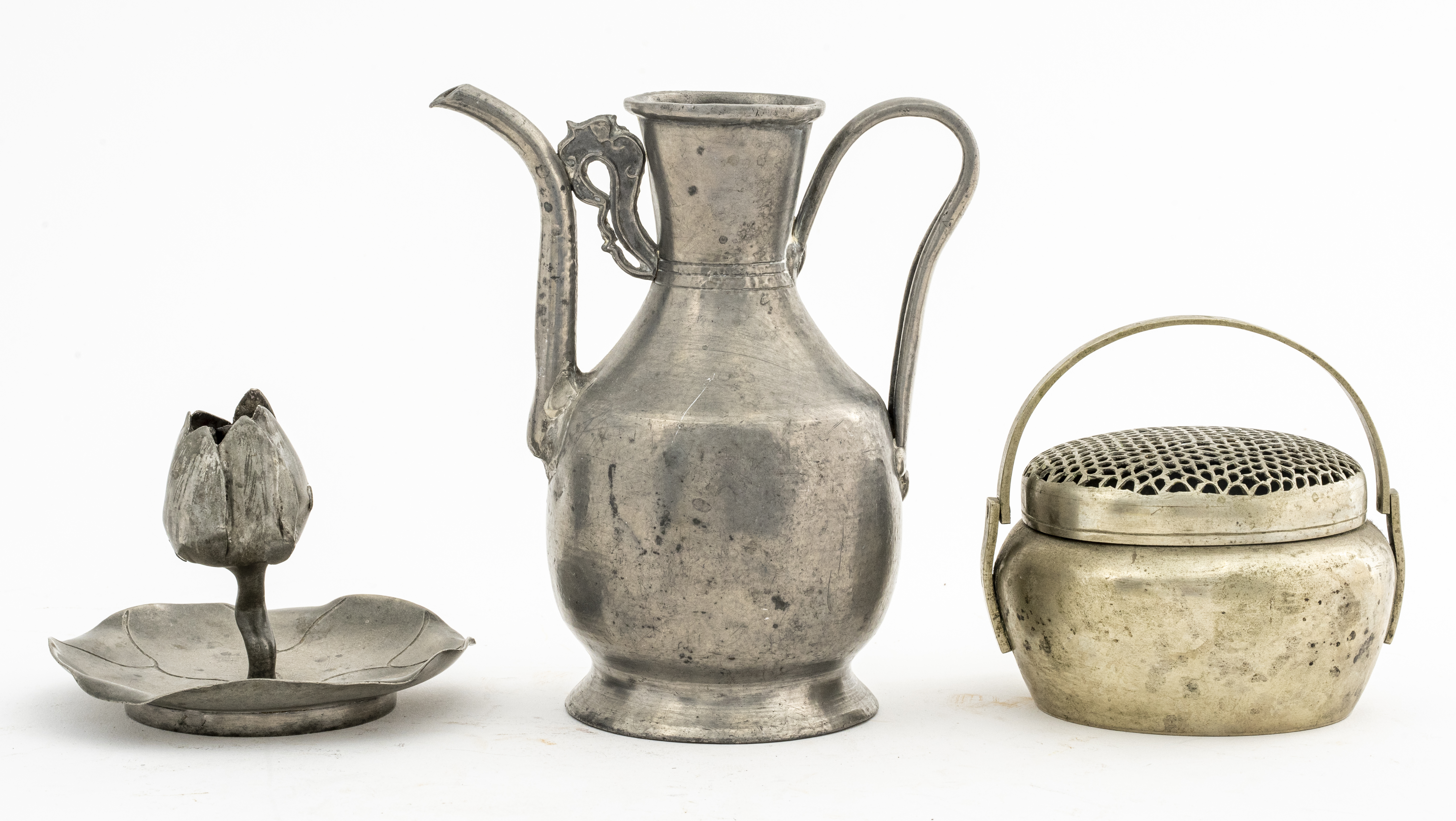 PEWTER PITCHER, CANDLESTICK &