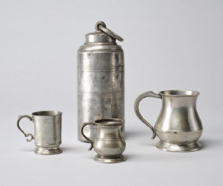 PEWTER TANKARDS & FLASKThree pewter