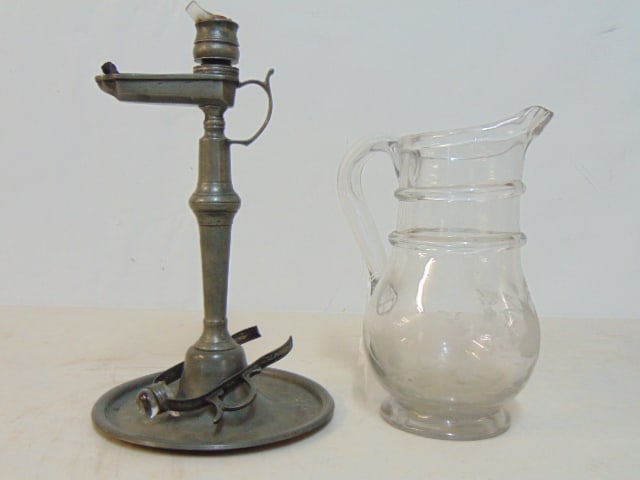 PEWTER WHALE OIL LAMP & HAND CUT