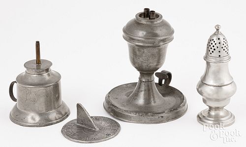 PEWTER WHALE OIL LAMPS, SUNDIAL,