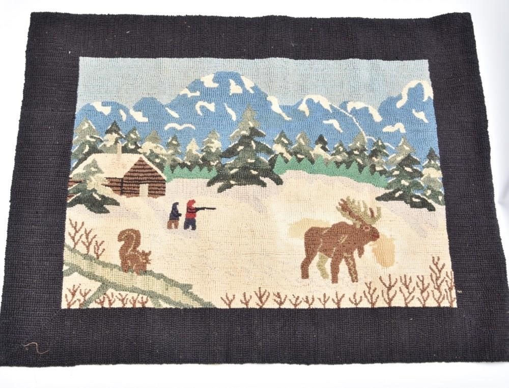Pictorial hooked rug of hunting