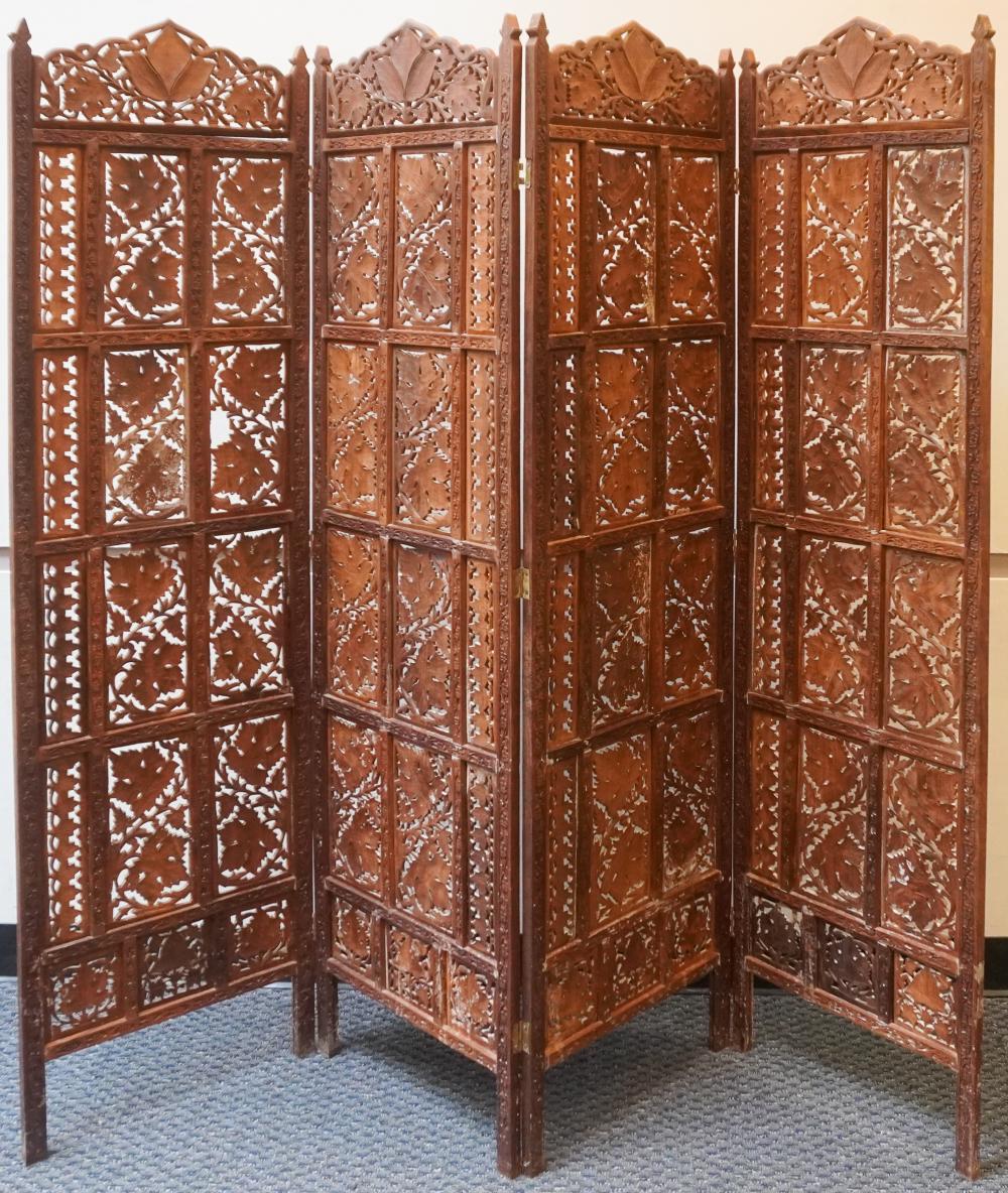 PIERCED TEAK FOUR FOLD FLOOR SCREEN