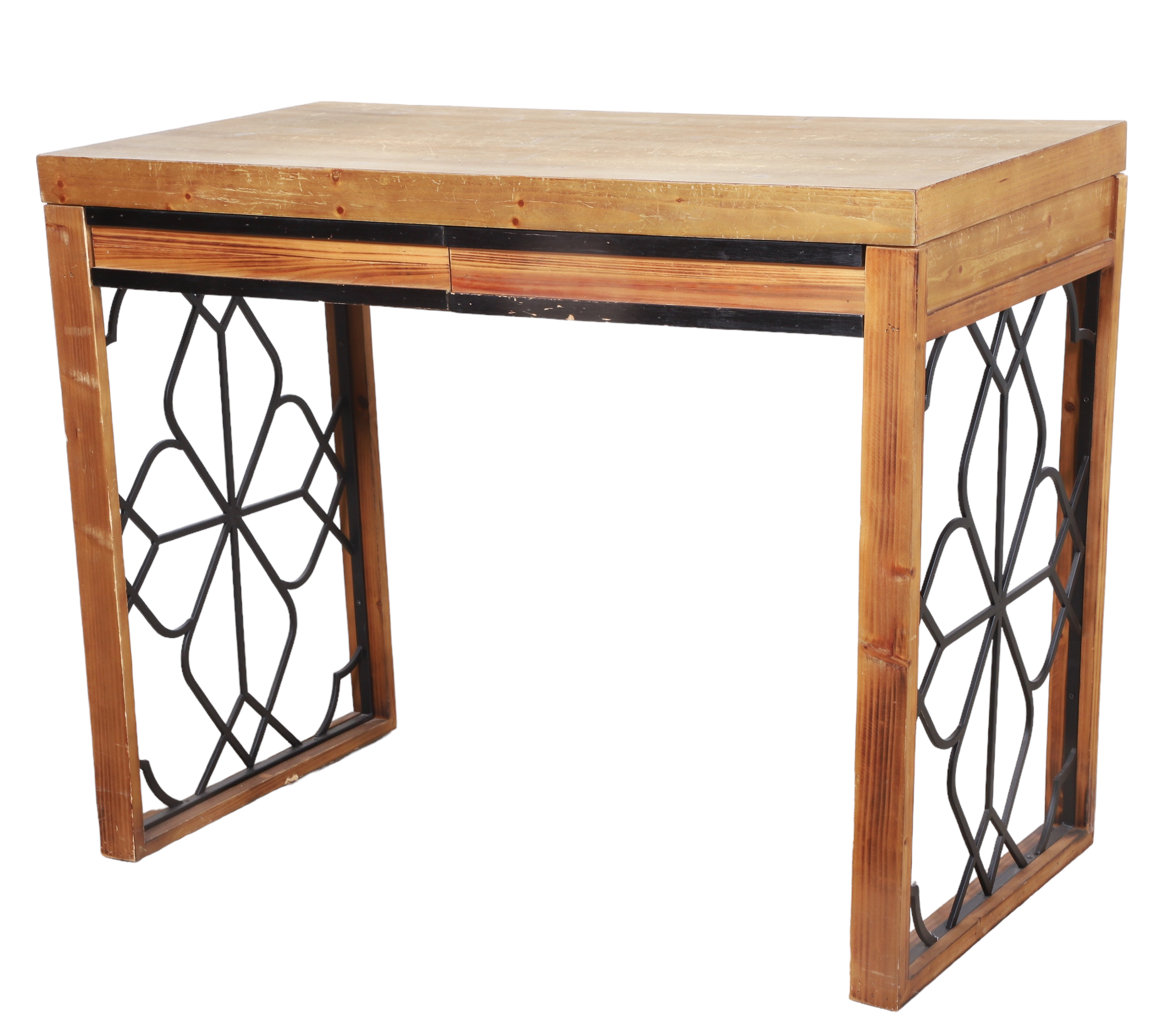 Pine and ebonized metal desk,