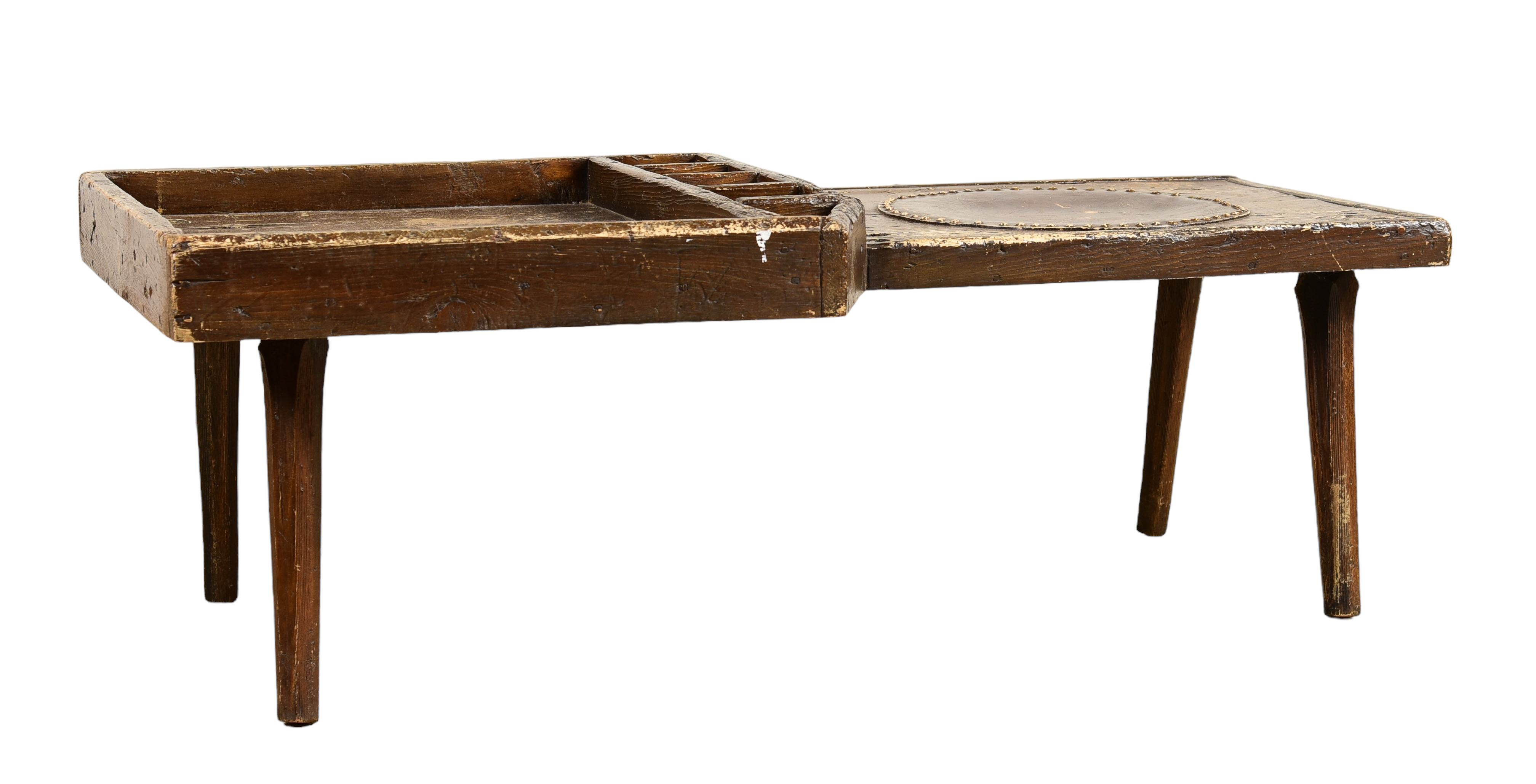 Pine cobblers bench, leather seat