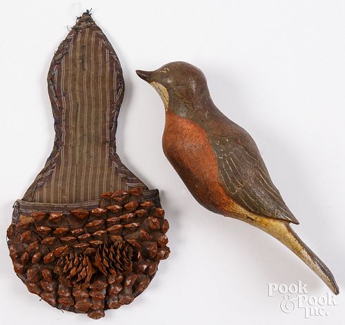 PINE CONE AND FABRIC WALL POCKET,