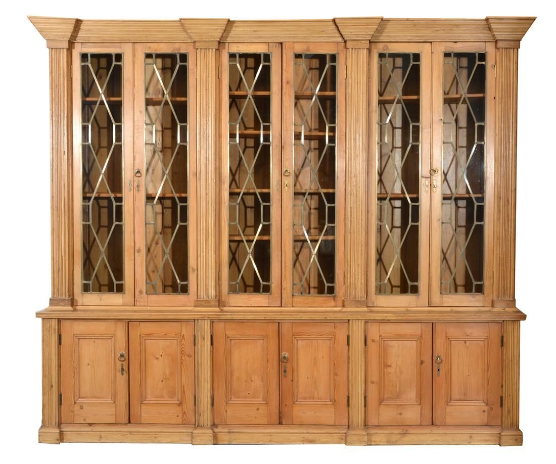 PINE GLAZED 6 DOOR BOOKCASE ON