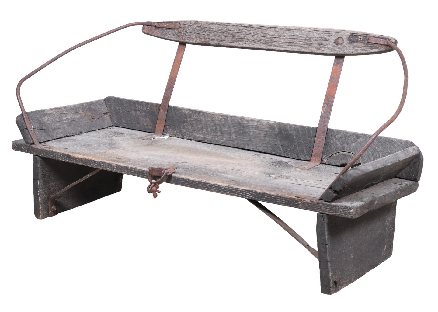 Pine Painted buggy seat, iron