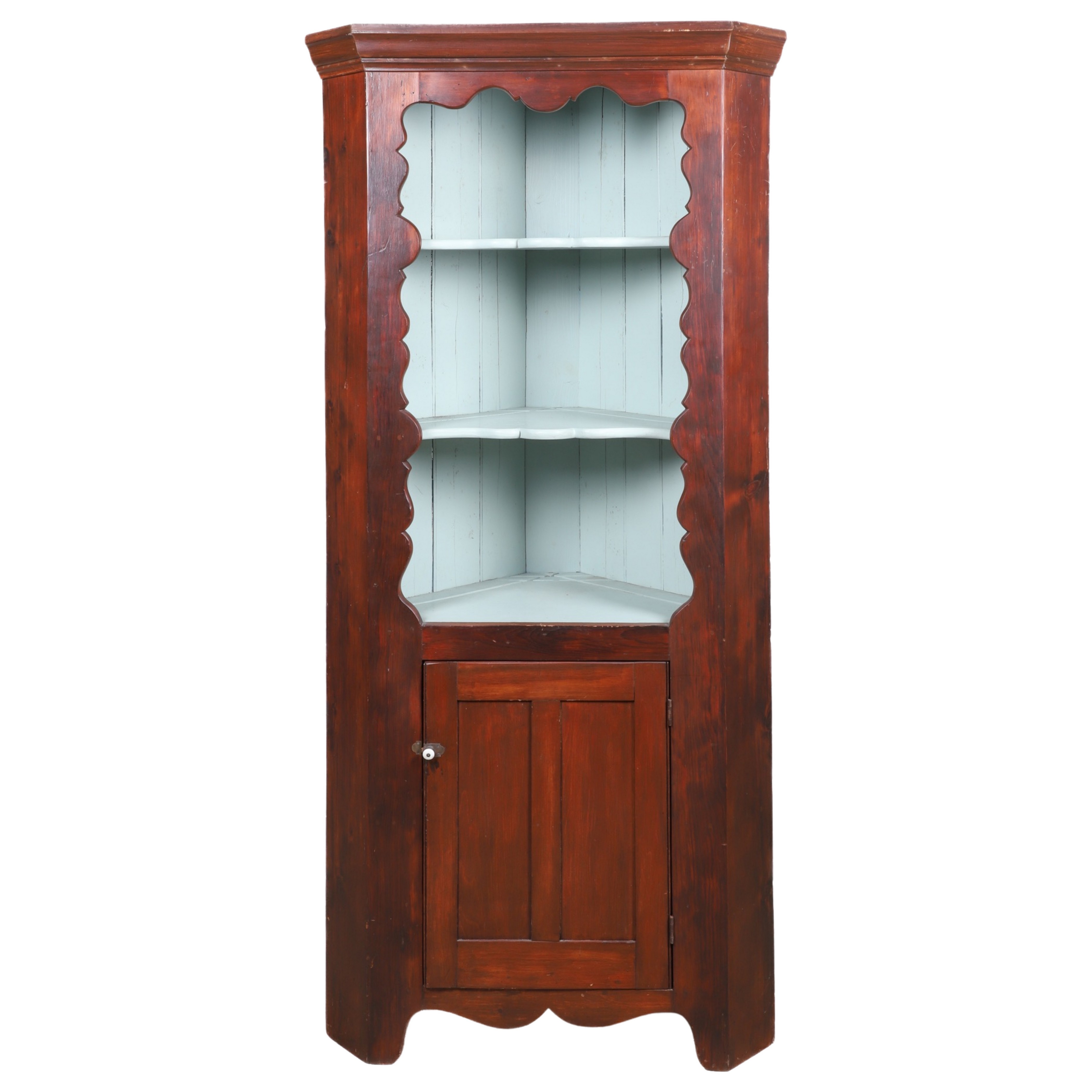 Pine paneled 1-pc corner cabinet,