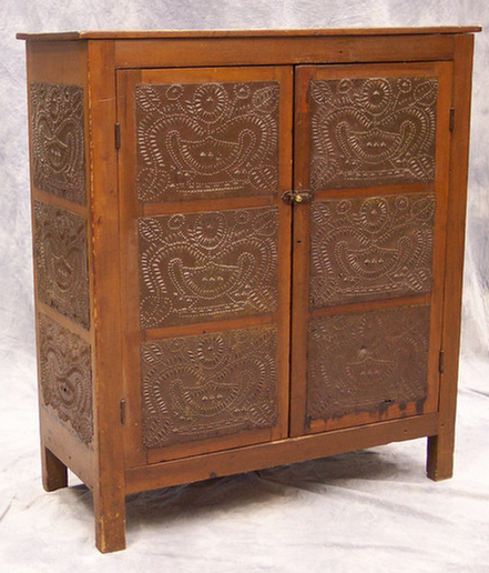 Pine pie safe with pierced tin