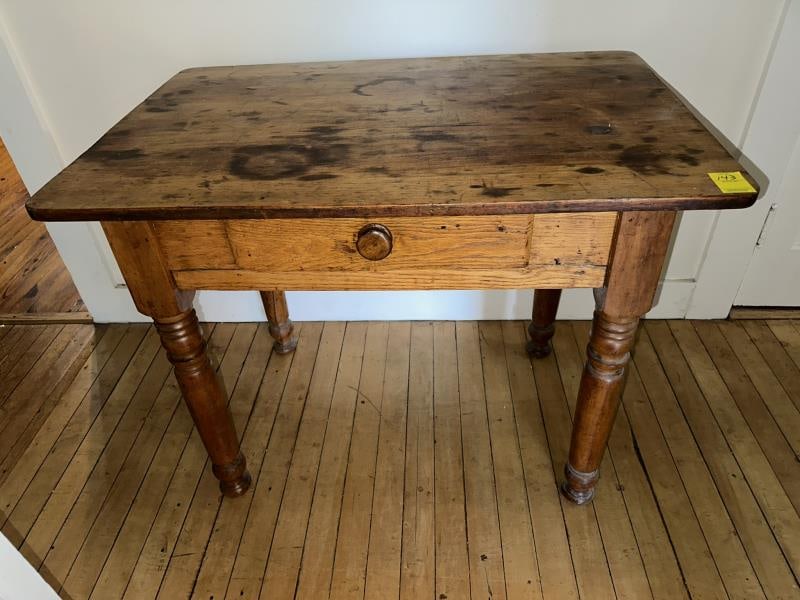 PINE TABLE, ONE DRAWER, TURNED
