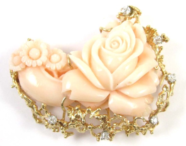 PINK CORAL AND DIAMOND BROOCH 14k