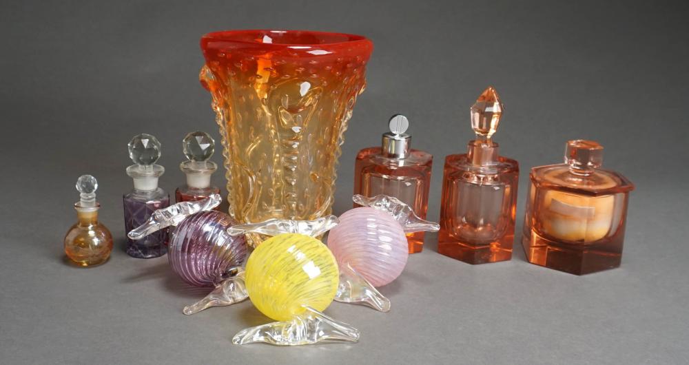 PINK GLASS THREE PIECE DRESSER SET,