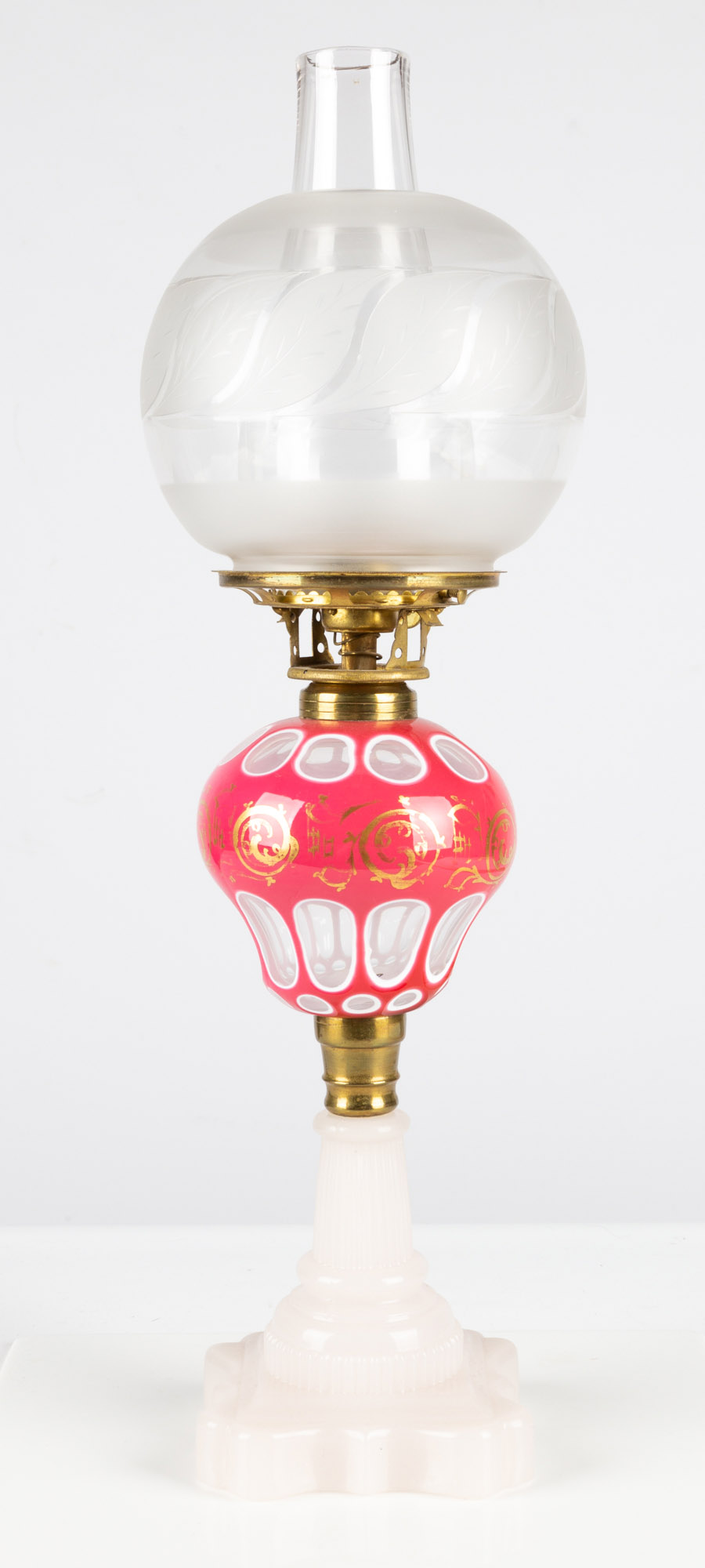 PINK OVERLAY & OPALINE OIL LAMP