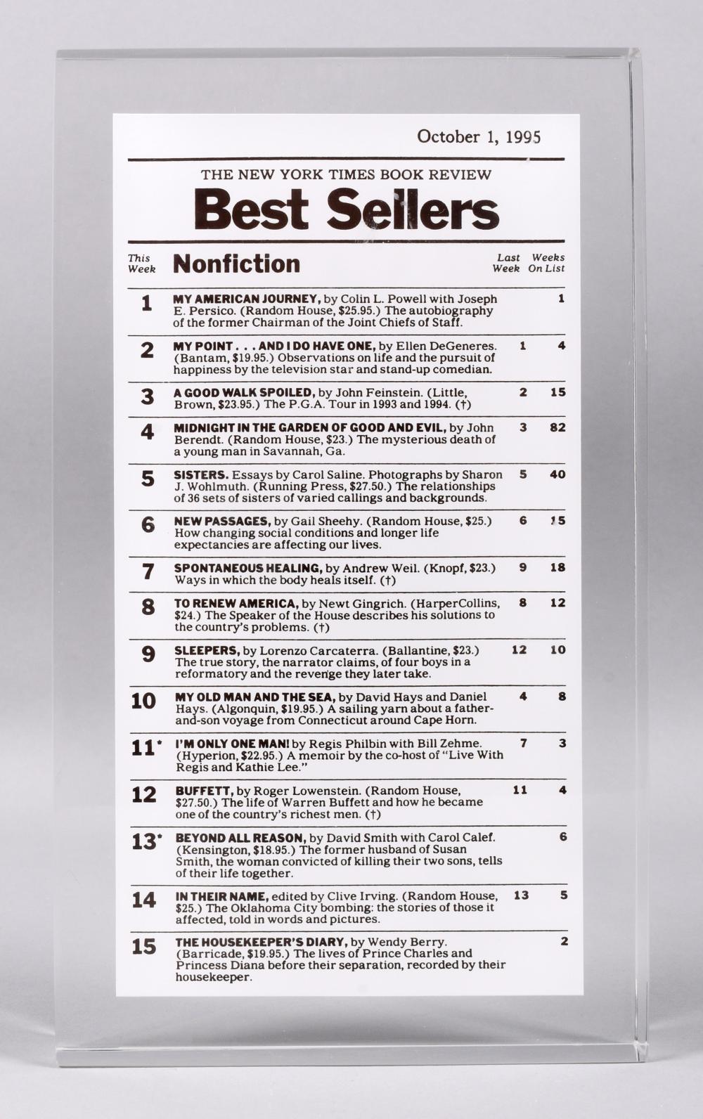 PLAQUE OF NEW YORK TIMES BEST
