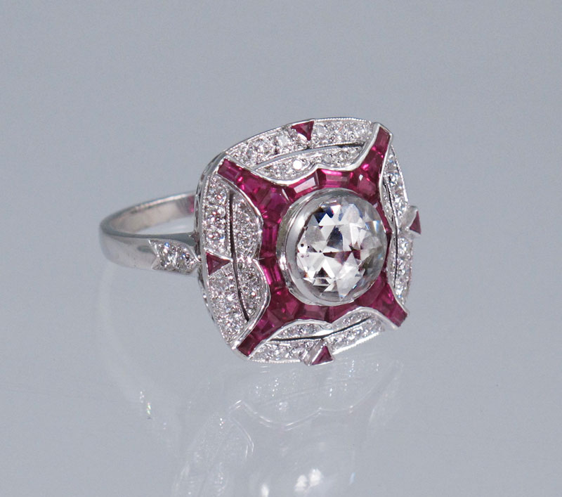 PLATINUM DIAMOND AND RUBY RING: