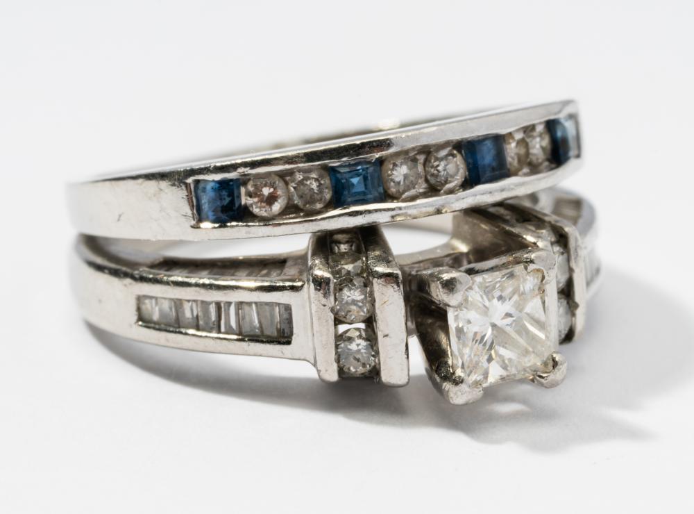 PLATINUM, DIAMOND AND SAPPHIRE RING