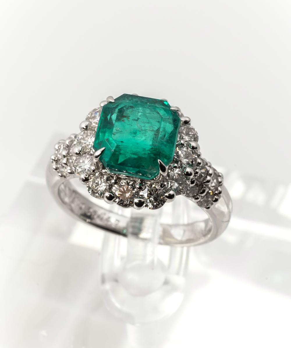 PLATINUM, EMERALD AND DIAMOND RING,