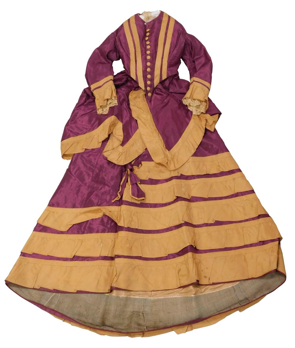 PLUM AND TAN TAFFETA DRESS,