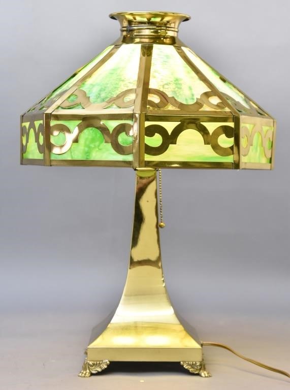 Polished brass and green slag glass