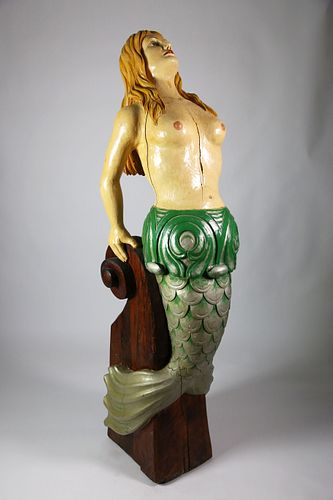 POLYCHROME CARVED PINE MERMAID