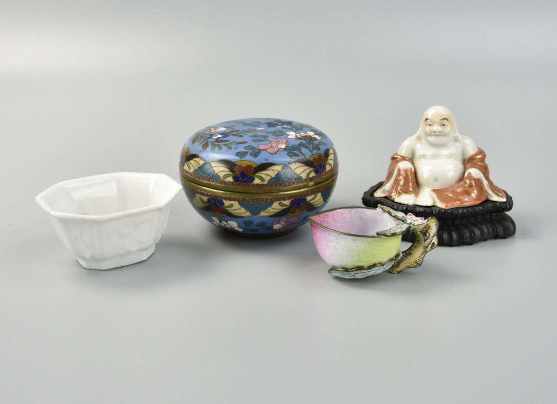 PORCELAIN BUDDHA,CUP, ENAMEL CUP,
