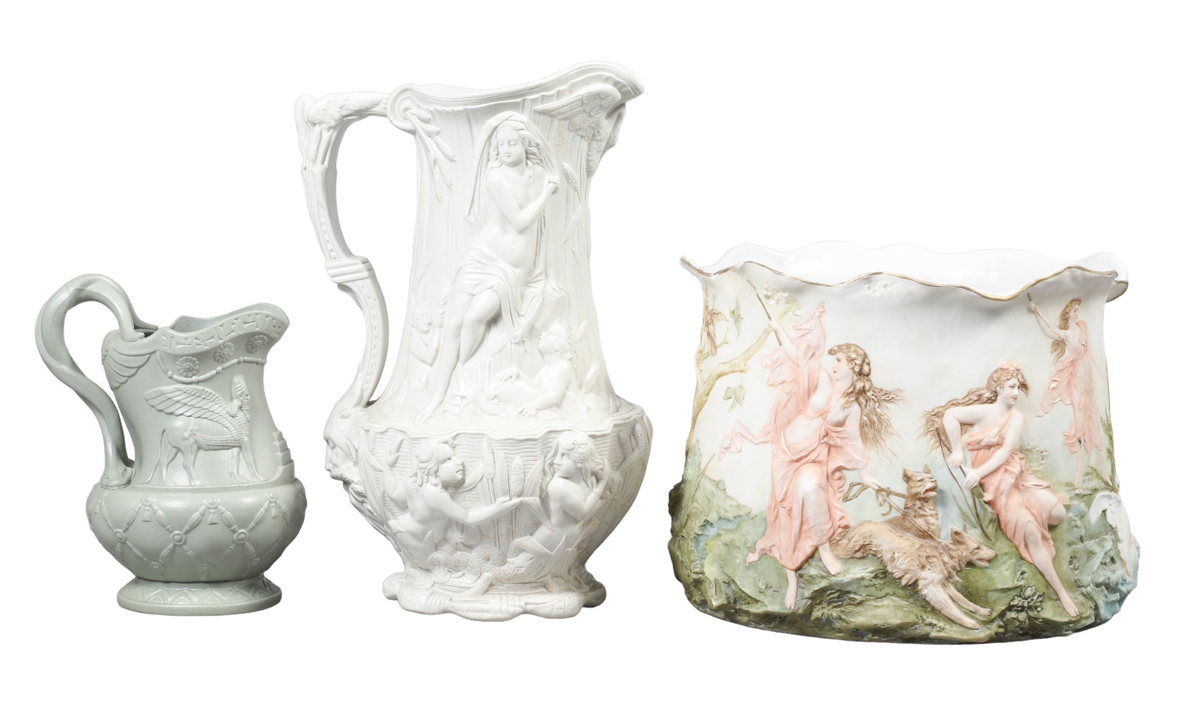 Porcelain cachepot and pitchers
